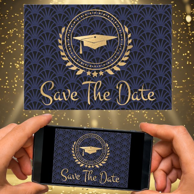 Reserve A Data Graduação Salvar A Data Dourada Da Arte Do Boné Az (Graduation Save The Date Digital or Paper Art Deco Gold Blue Colors)