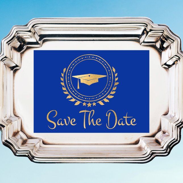 Reserve A Data Graduação Salvar A Data Dourada Do Boné Emblem (Save The Date - Gold and Blue Graduation - School Graduation)