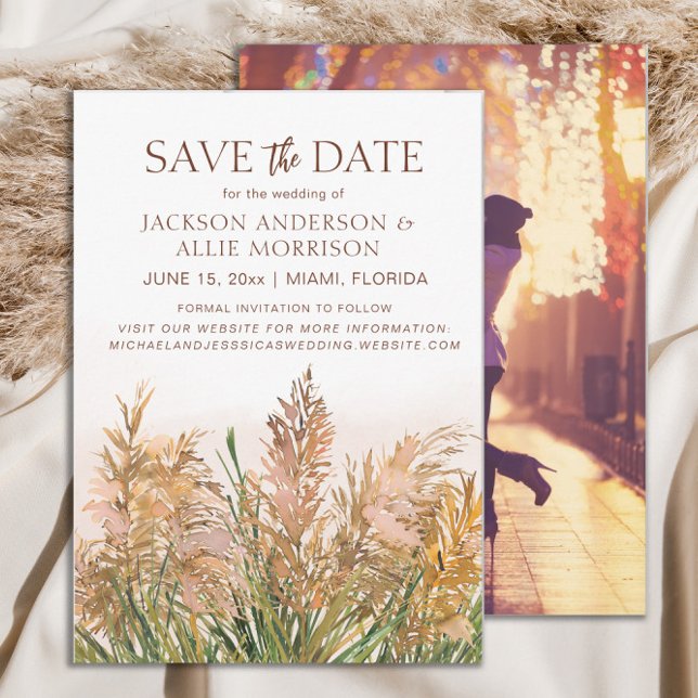 Reserve A Data Grama das Pampas Botânico Rústico Casamento Boêmio (Rustic pampas grass wedding Save the Date photo card)