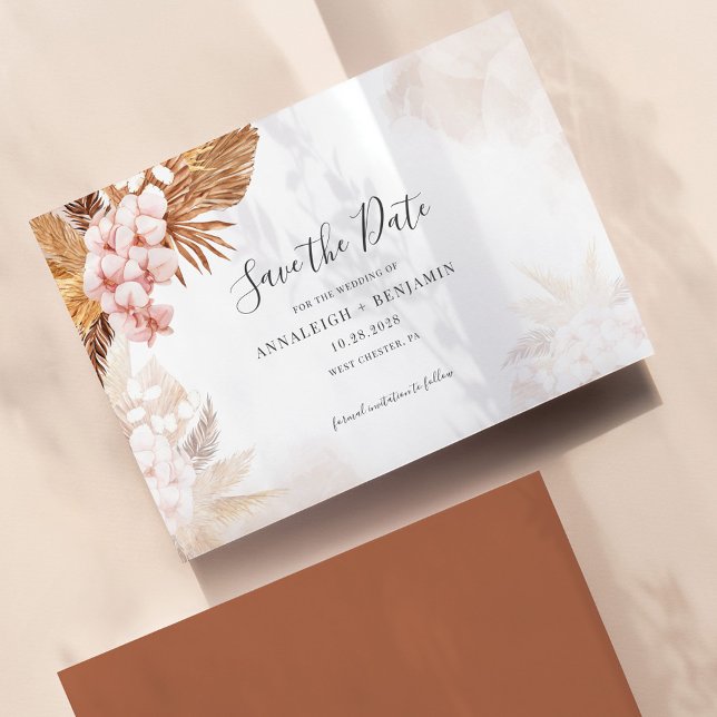 Reserve A Data Grama das Pampas Terracota Script Botânico (Pampas Grass Terracotta Save the Date Announcement)