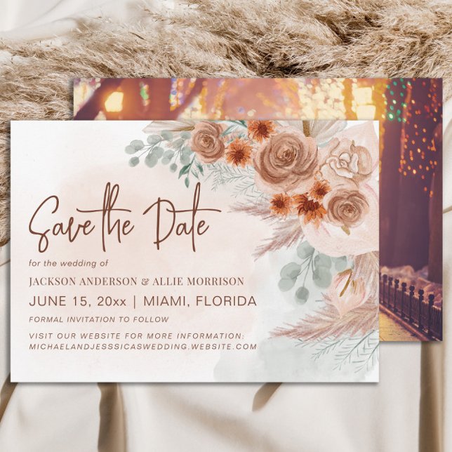Reserve A Data Grama Rústica dos Pampas em Terracota para Casamen (Pampas grass wedding Save the Date photo card)