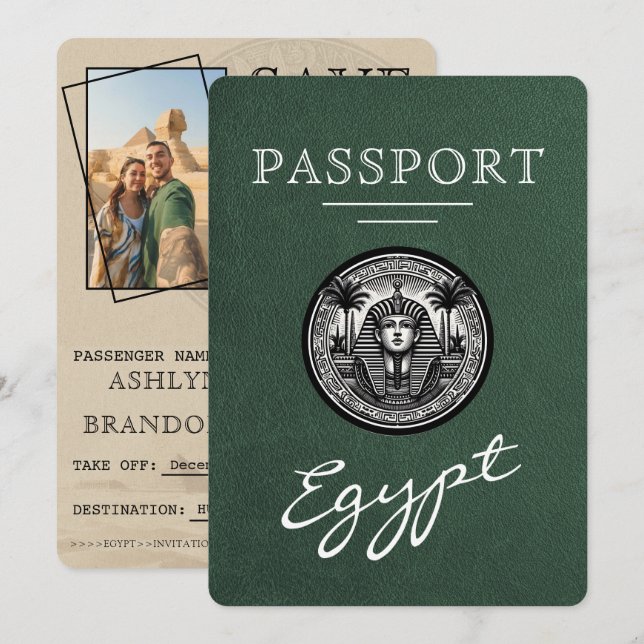 Reserve A Data Green Egypt Passport Wedding Save the Date (Frente/Verso)