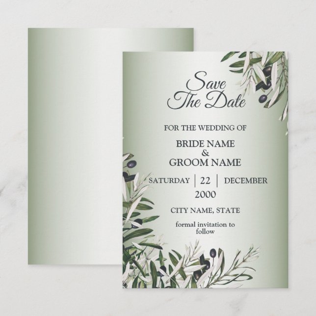 Reserve A Data Green Leaves Black Olive Elegant Wedding (Frente/Verso)