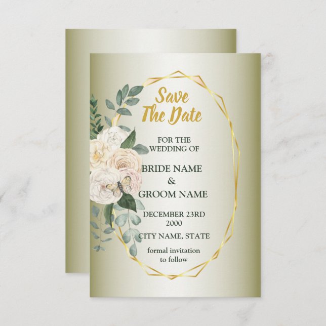 Reserve A Data Green Leaves Pink Floral Golden Geometric Wedding (Frente/Verso)
