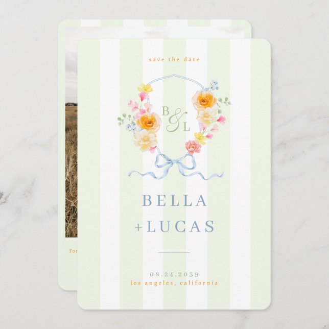 Reserve A Data Green Stripes Floral Crest Monogram Spring Wedding (Frente/Verso)