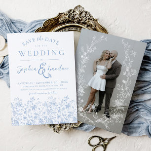 Reserve A Data Grinalda Floral Vintage Azul e Branco Casamento de