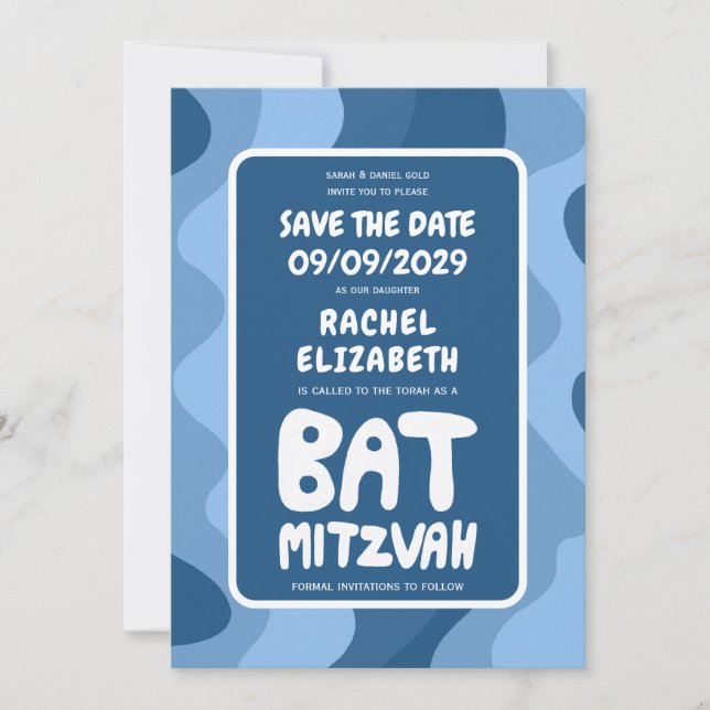 Reserve A Data Groovy Blue Waves Bar Bat Personalizado Bnai Mitzv (Frente)