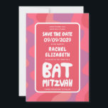 Reserve A Data Groovy Pink Waves Personalizadas Bat Mitzvah<br><div class="desc">Cartão perfeito para anunciar uma morcega mitzvah ou outra comemoração judaica e pedir aos hóspedes que salvem a data! Mão fez arte para você com a letra na frente e atrás! TOTALMENTE PERSONALIZÁVEL! Clique em "Personalizar" acima para editar o texto. Clique em "editar usando a ferramenta design" para ajustar as...</div>
