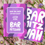 Reserve A Data Groovy Purple Waves Bar Bat Personalizado Bnai Mit<br><div class="desc">Cartão perfeito para anunciar um bar ou bat mitzvah ou outra celebração judaica e pedir aos convidados para salvar a data! Mão fez arte para você com a letra na frente e atrás! (verifique compro ou DM para opções de BAR/BAT) TOTALMENTE PERSONALIZÁVEL! Clique em "Personalizar" acima para editar o texto....</div>