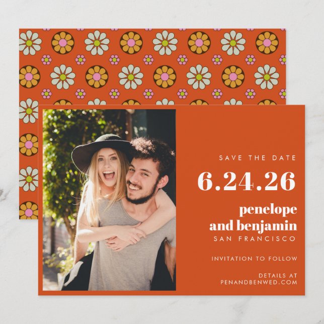 Reserve A Data Groovy Retro Flowers Orange Pink Foto Casamento (Frente/Verso)