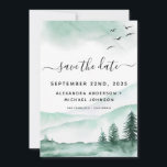 Reserve A Data Guardar a Data da Floresta Rústica Moderna de Aqua<br><div class="desc">Casamento Verde da Floresta Russa Salve a Ficha de Datas em fundo branco - inclui uma bela e elegante tipografia com árvores modernas,  montanhas e aves para a celebração especial do dia do casamento.</div>