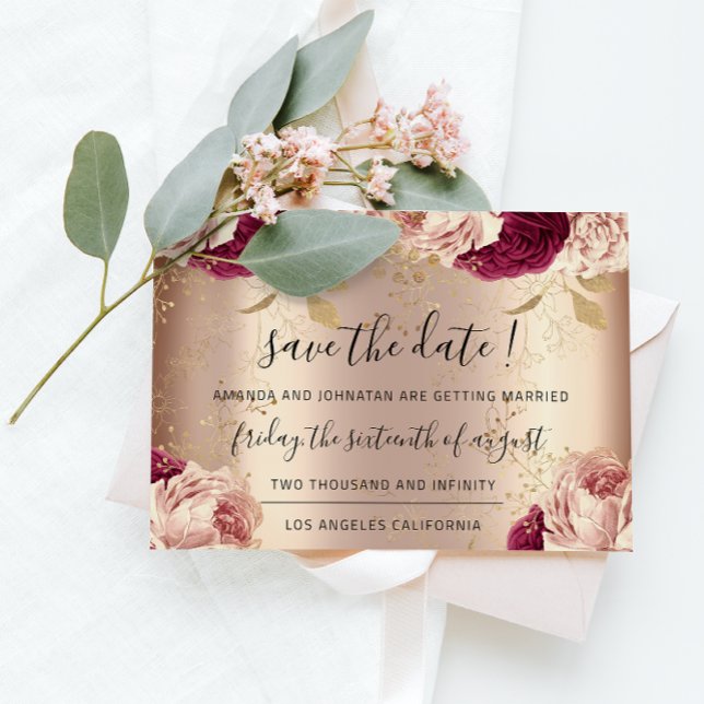 Reserve A Data Guardar A Data Florais Rosa Dourado Rosas Marsala (Save The Date Florals Rose Gold Roses Marsala)