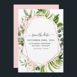Reserve A Data Guarde a data Eucalyptus Greenery Geométrico<br><div class="desc">Eucalyptus Greenery Rosa Dourado - Blush Pink Faux Geometrical Foil Botanical Watercolor Casamento Spring Salve a Ficha de Datas em fundo branco - inclui uma bela e elegante tipografia de roteiro com folhas botânicas modernas e verde para a celebração especial do Dia do Casamento.</div>