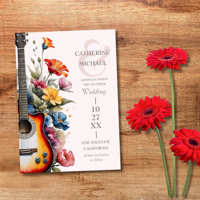 Reserve A Data Guitar Flor Silvestre Ampersand Casamento Musical (Flat lay guitarist musician wedding wildflower meadow summer romance Save the Date)