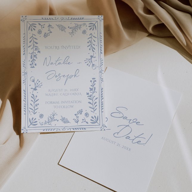 Reserve A Data Hand Drawn Azure Blue Floral Garden Whimsy Wedding (Criador carregado)