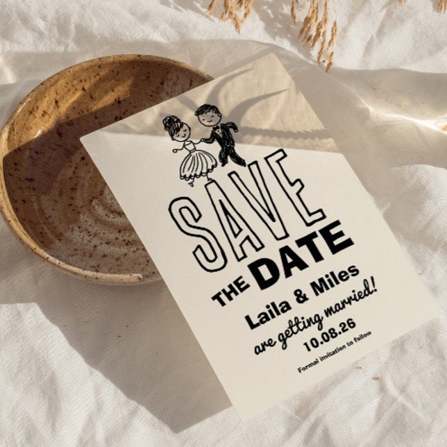 Reserve A Data Hand drawn Bride and Groom Wedding Save The Date (whimsical bride and groom dancing save the date invitation)
