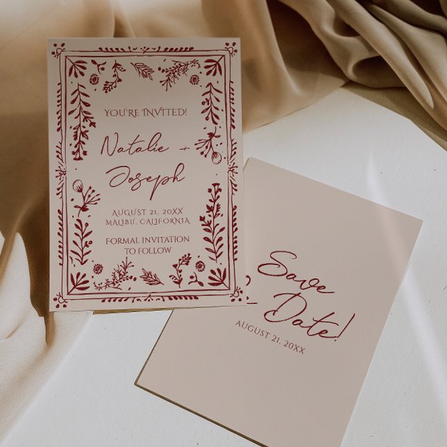 Reserve A Data Hand Drawn Burgundy Deep Red Floral Garden Wedding (Criador carregado)