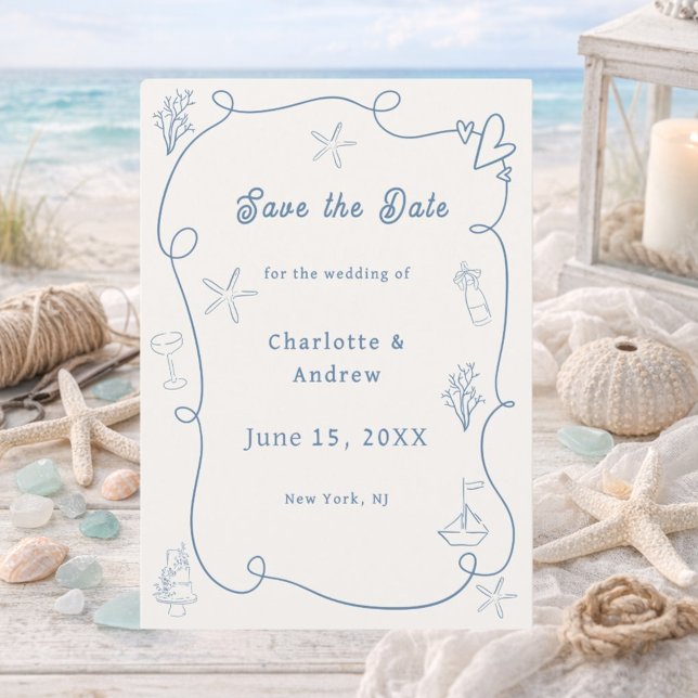 Reserve A Data Hand drawn coastal beach dusty blue ivory wedding (Criador carregado)
