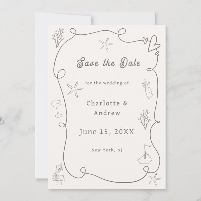 Reserve A Data Hand drawn coastal beach ivory taupe sand wedding (Frente)