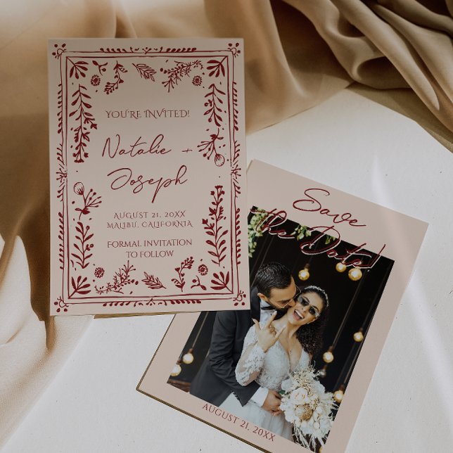 Reserve A Data Hand Drawn Deep Red Floral Garden Photo Wedding (Criador carregado)