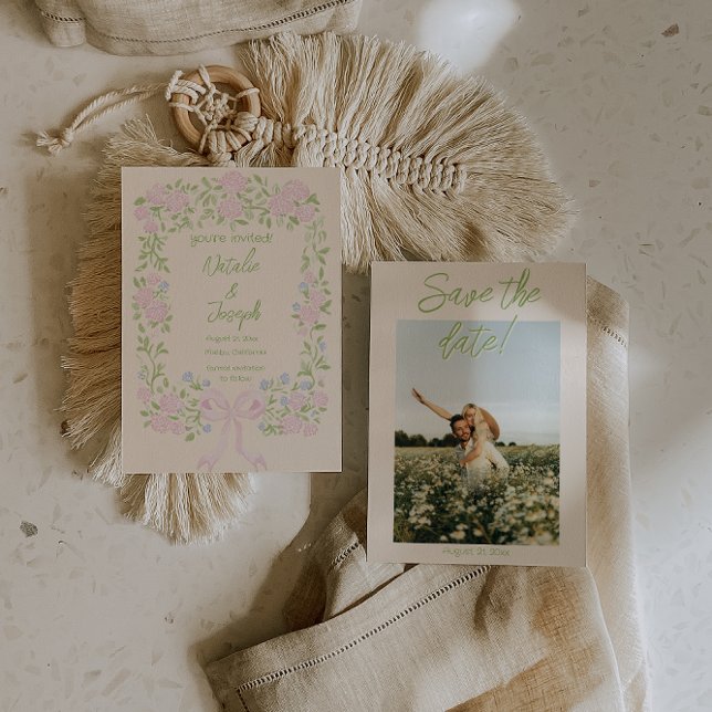 Reserve A Data Hand Drawn Green Pink Bow Floral Photo Wedding (Criador carregado)