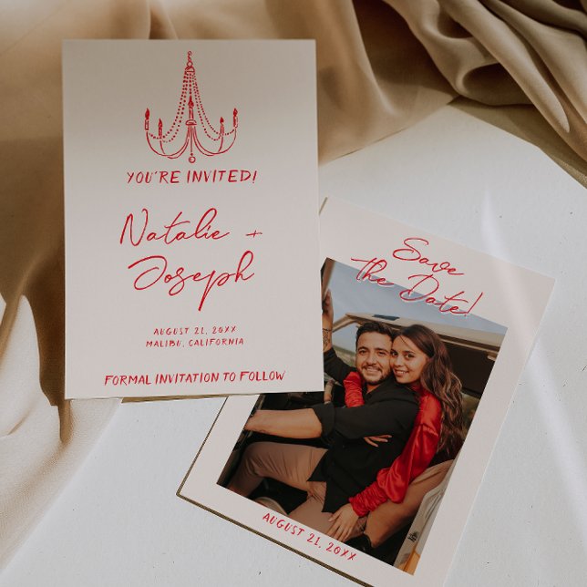 Reserve A Data Hand Drawn Red Old Money Retro Photo Wedding (Criador carregado)