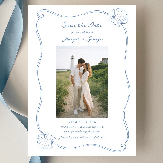 Reserve A Data Hand Drawn Seashell Simple Blue Coastal Wedding (Criador carregado)