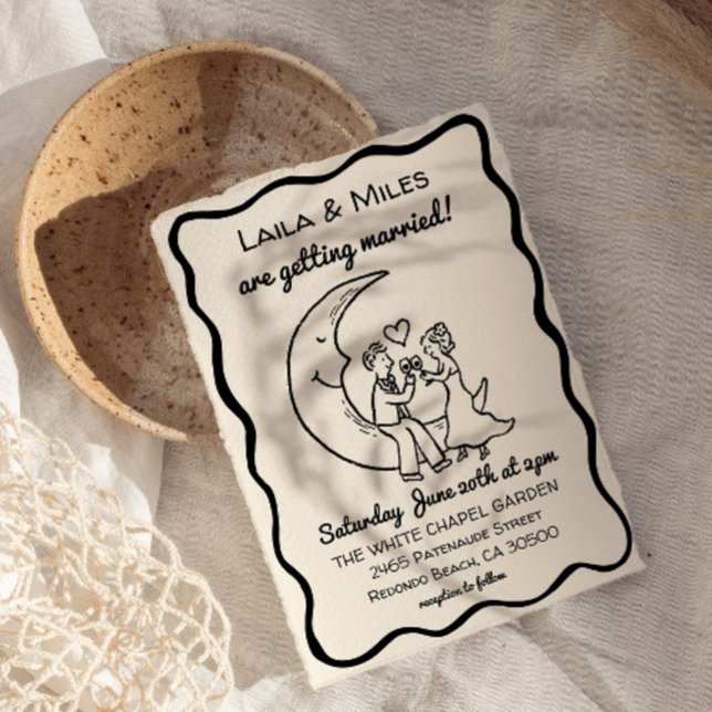 Reserve A Data Hand Drawn Whimsical Moon wedding invitation (Whimsical Moon Wedding invitation, Modern hand drawn invite)
