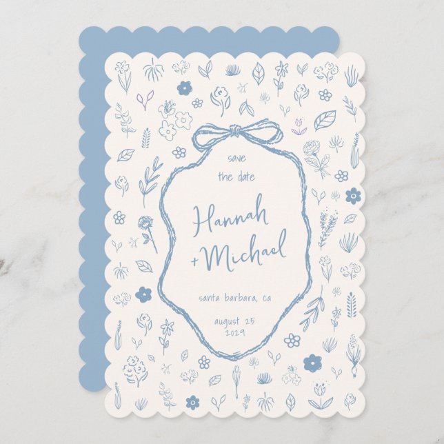 Reserve A Data Hand Written Drawn Blue Flowers Winter Wedding (Frente/Verso)