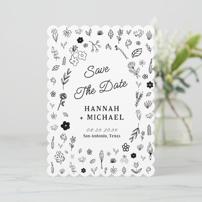 Reserve A Data Hand Written Drawn Sketch Flowers Wedding (Em pé/Frente)
