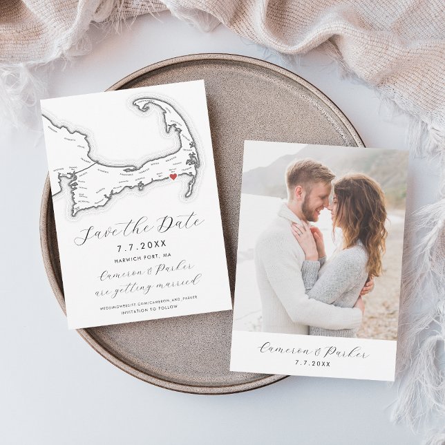 Reserve A Data Harwich Port MÃE Casamento Negro do Mapa do Cabo C (Harwich Port MA Cape Cod Map Save the Date with Photo in Elegant Modern Black and White)