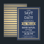 Reserve A Data Hebraico Nome Bar Mitzvah Marinho Blue White Faux<br><div class="desc">Convide a família e os amigos para uma elegante cerimônia de mitzvah bar e comemoração para ele com esta folha de ouro azul, branca e falsa marinho para salvar o convite de data. Todo texto é simples de personalizar, portanto pode incluir qualquer texto sobre o serviço, leitura de Torah e...</div>