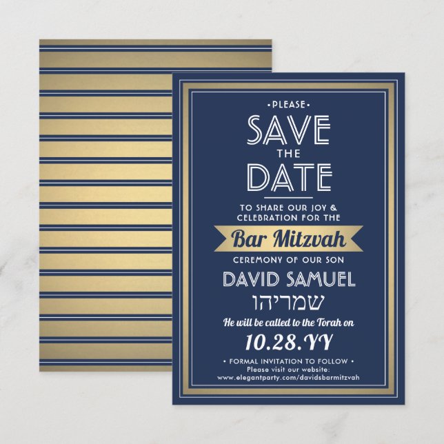 Reserve A Data Hebraico Nome Bar Mitzvah Marinho Blue White Faux  (Frente/Verso)
