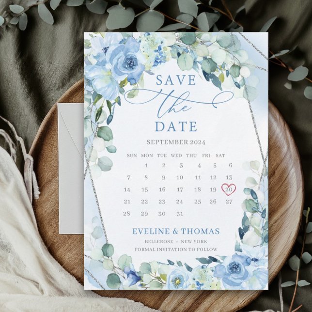 Reserve A Data Horário de prata das flores azuis claras mês civil (Elegant watercolor save the date card with blue flowers and eucalyptus greenery)
