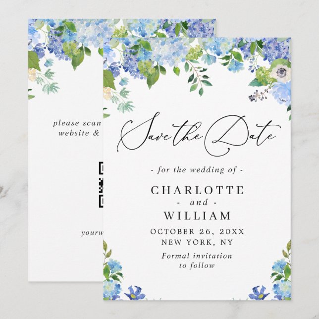 Reserve A Data Hortênsia Azul Elegante Casamento Verde QR (Frente/Verso)