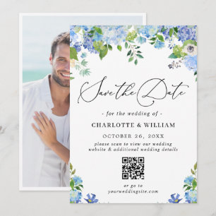 Reserve A Data Hortênsia Azul Elegante Foto de Casamento QR com V