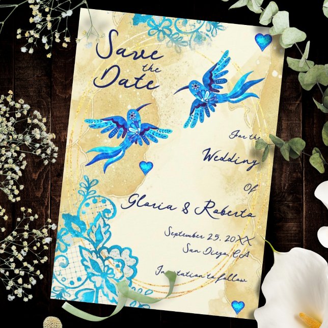 Reserve A Data Hummingbird Baroque Gold Elegance Mexican Wedding (Mexican artistry shines in turquoise lace, gold textures, and luminous blue heart details.)