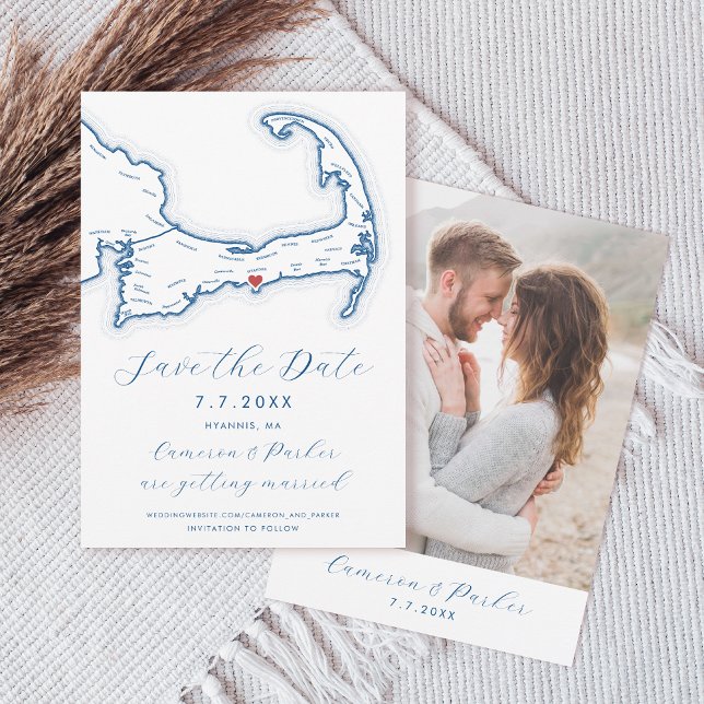 Reserve A Data Hyannis MÃE Cape Cod Map Marinho Casamento Azul (Hyannis MA Cape Cod Map Save the Date with Photo in Elegant Modern navy blue by Coastal Map Designs)
