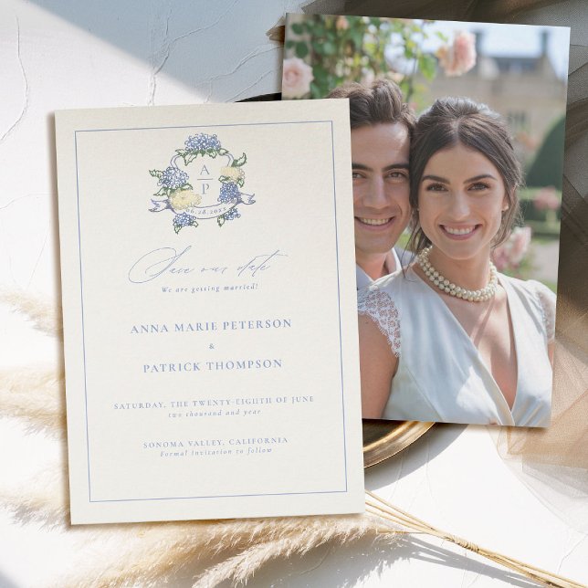 Reserve A Data Hydrangea Crest Blue Elegant Foto de Quadro (hydrangea wedding save the date modern classic traditional frame crest old money blue periwinkle)