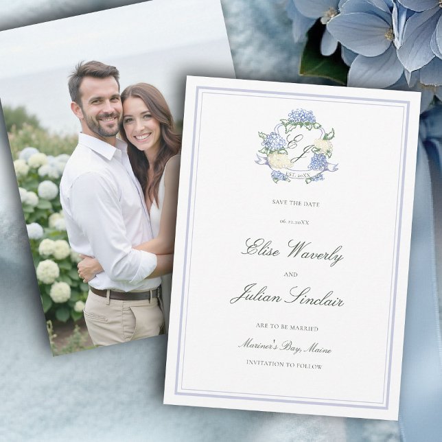Reserve A Data Hydrangea Crest Formal Blue Coastal Photo Wedding (hydrangea wedding save the date photo coastal cottagecore romantic garden formal elegant traditional)