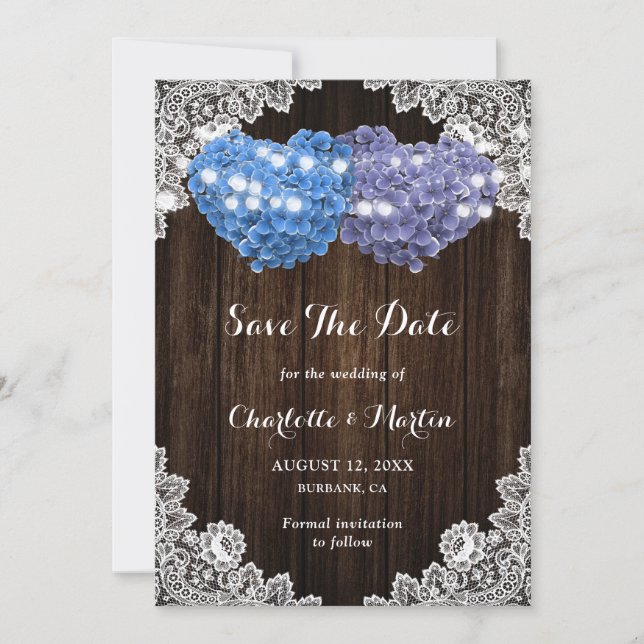 Reserve A Data Hydrangea Roxo Azul Rústico Casamento em Madeira R (Frente)