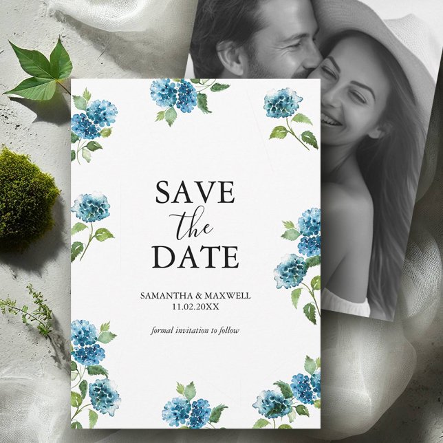 Reserve A Data Hydrangea Save The Date Com Foto (blue hydrangea save the dates with hand painted watercolor art by Victoria Grigaliunas)