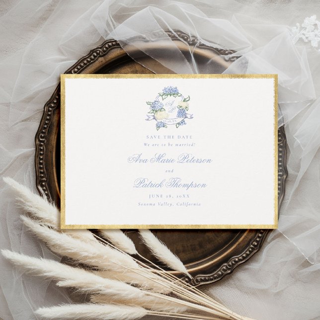 Reserve A Data Hydrangeas Crest Azul Marfim Moldura Dourada Casam (formal wedding save the date modern classic traditional frame hydrangea crest gold blue periwinkle )