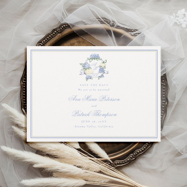 Reserve A Data Hydrangeas Formais Crista Azul Enquadramento de Ca (formal wedding save the date modern classic traditional frame hydrangea crest blue ivory old money)