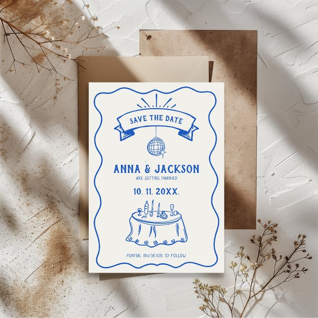 Reserve A Data Ilustração à Mão Desenho Retro Excêntrico Azul Cas (Retro Hand Illustrated Blue And White Quirky Wedding Save the Date )