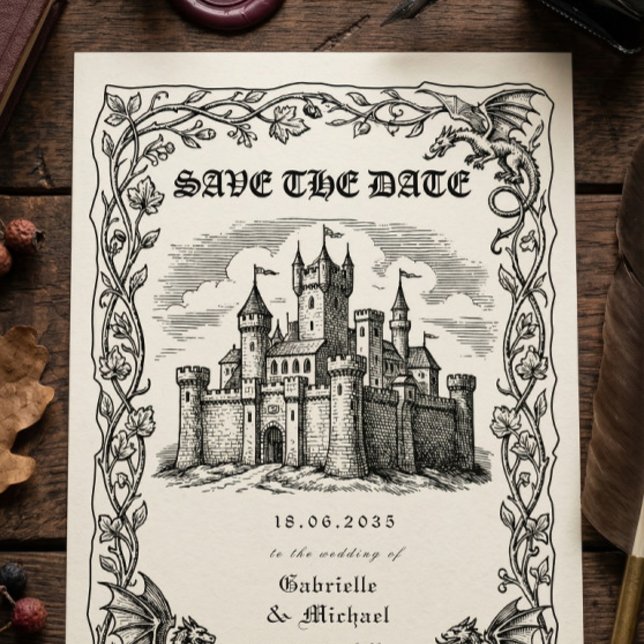 Reserve A Data Ilustração em Preto e Branco de Castelo Medieval (Criador carregado)