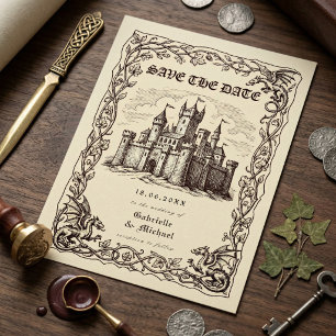 Reserve A Data Ilustração em Sépia de Castelo Medieval para Casam