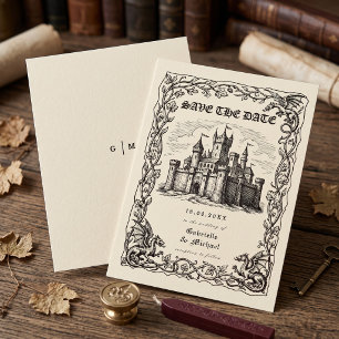 Reserve A Data Ilustração em Sépia de Castelo Medieval para Casam