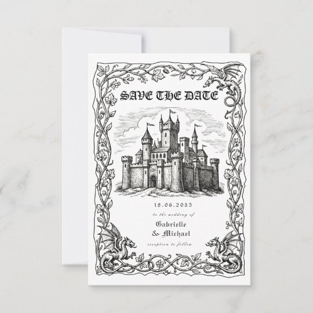 Reserve A Data Ilustração Preto e Branco de Castelo Medieval (Frente)