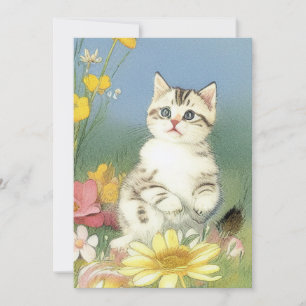 Reserve A Data Ilustração Vintage Kitten com Flores Amarelas